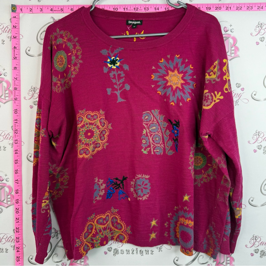 Desigual Sweater Embroidered Flowers Floral Magenta Printed Long Sleeve Top